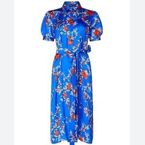 Lobo Rosa Camisa Dress Floral Short Sleeve Shirtdress Royal Blue & Red Size M